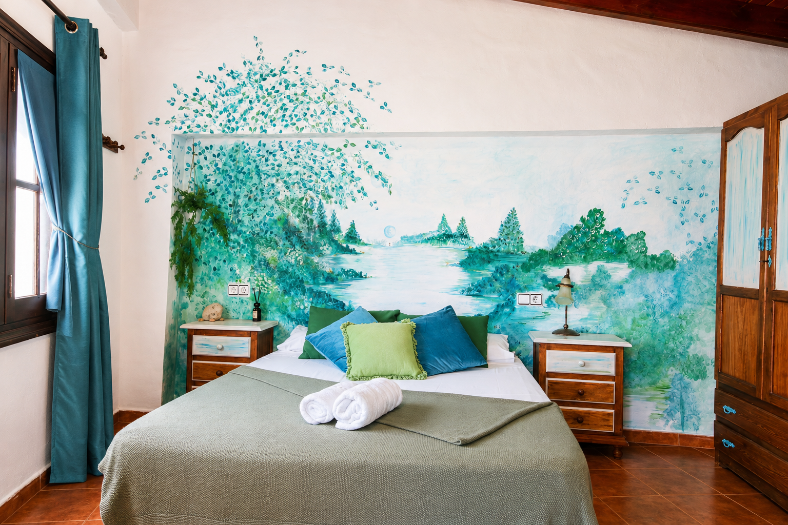 Habitación con mural pintado a mano